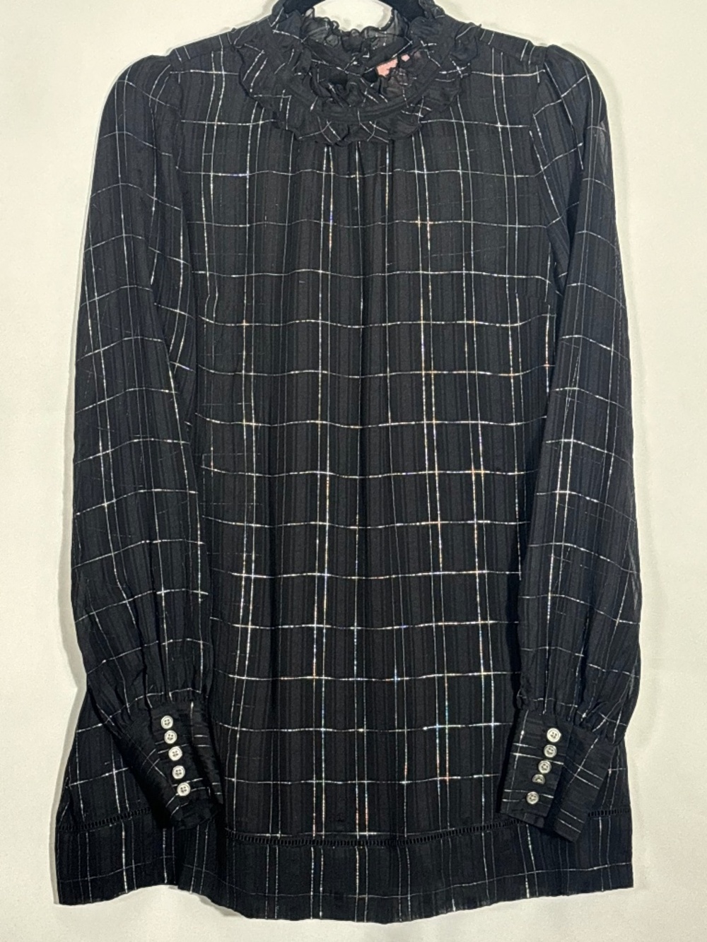 Juicy Couture Black Silk Metallic Windowpane Ruffle Collar Mini Dress Size